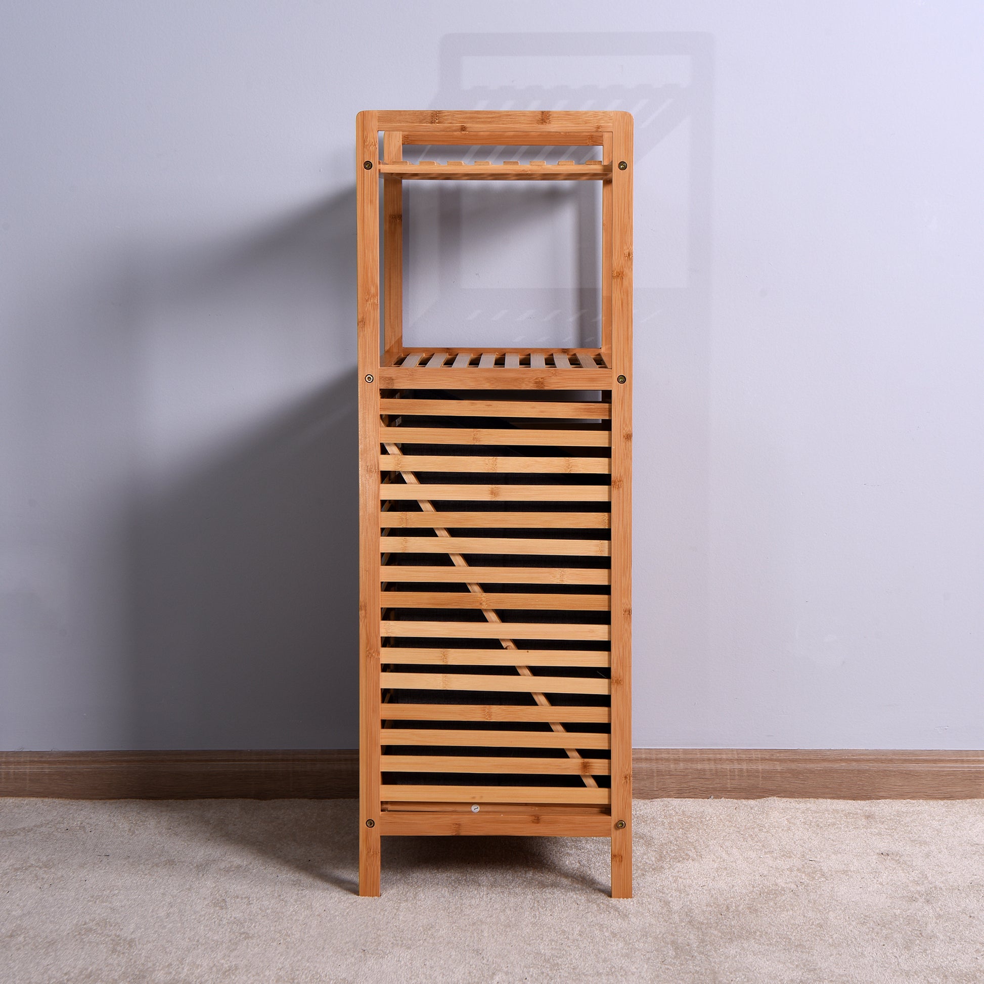 Natural Wooden Organizer  Bamboo Laundry Storage Basket with 2 Tier Shelf