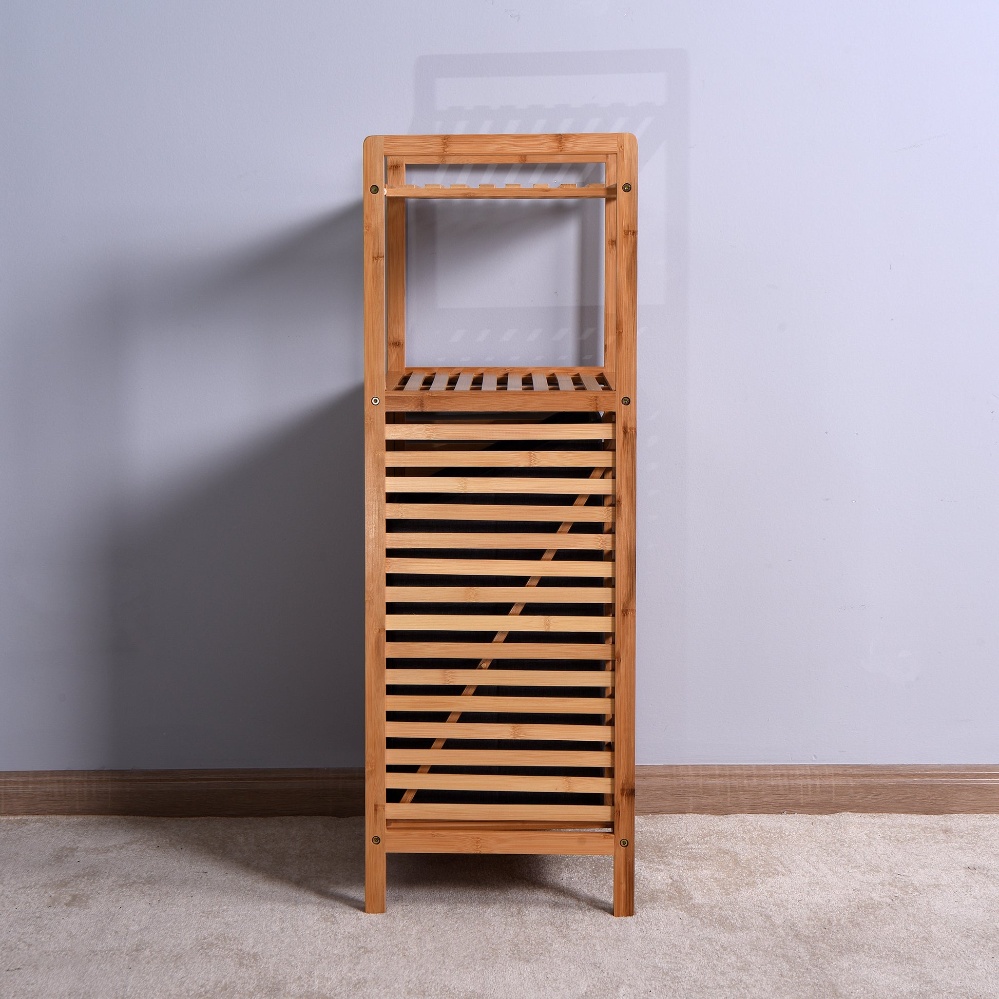 Natural Wooden Organizer  Bamboo Laundry Storage Basket with 2 Tier Shelf