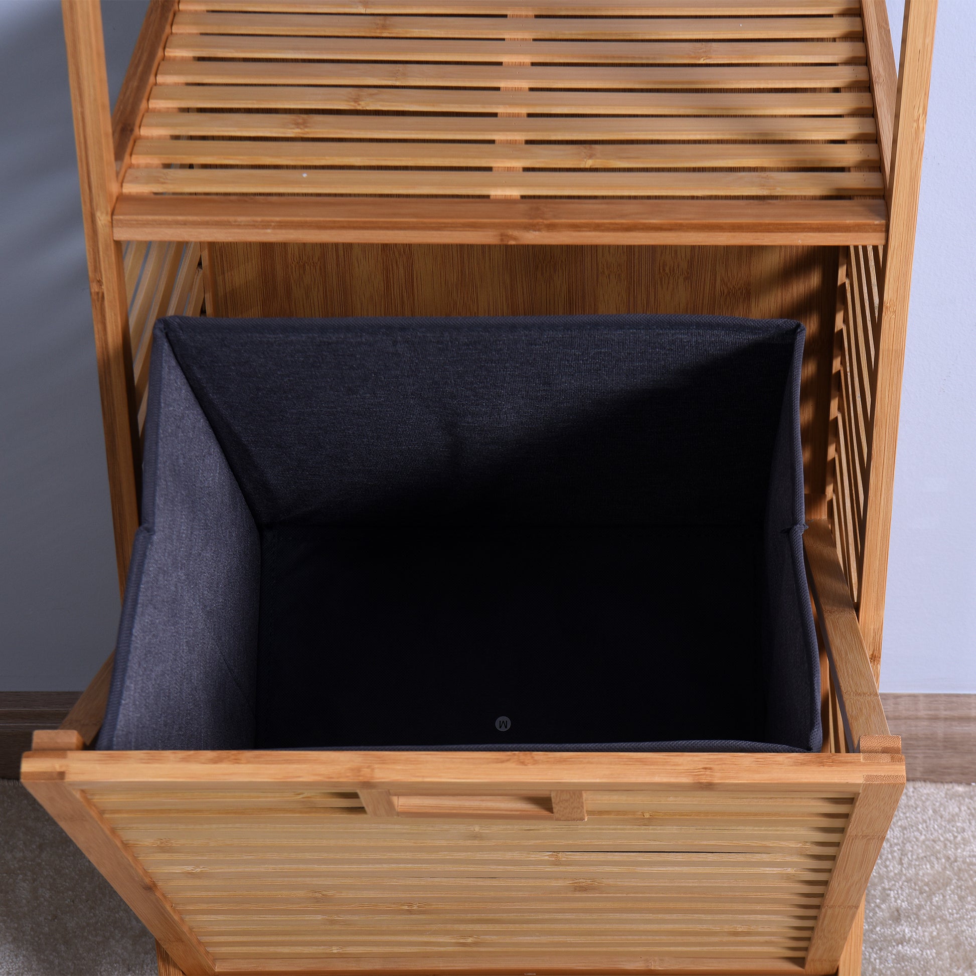 Natural Wooden Organizer  Bamboo Laundry Storage Basket with 2 Tier Shelf