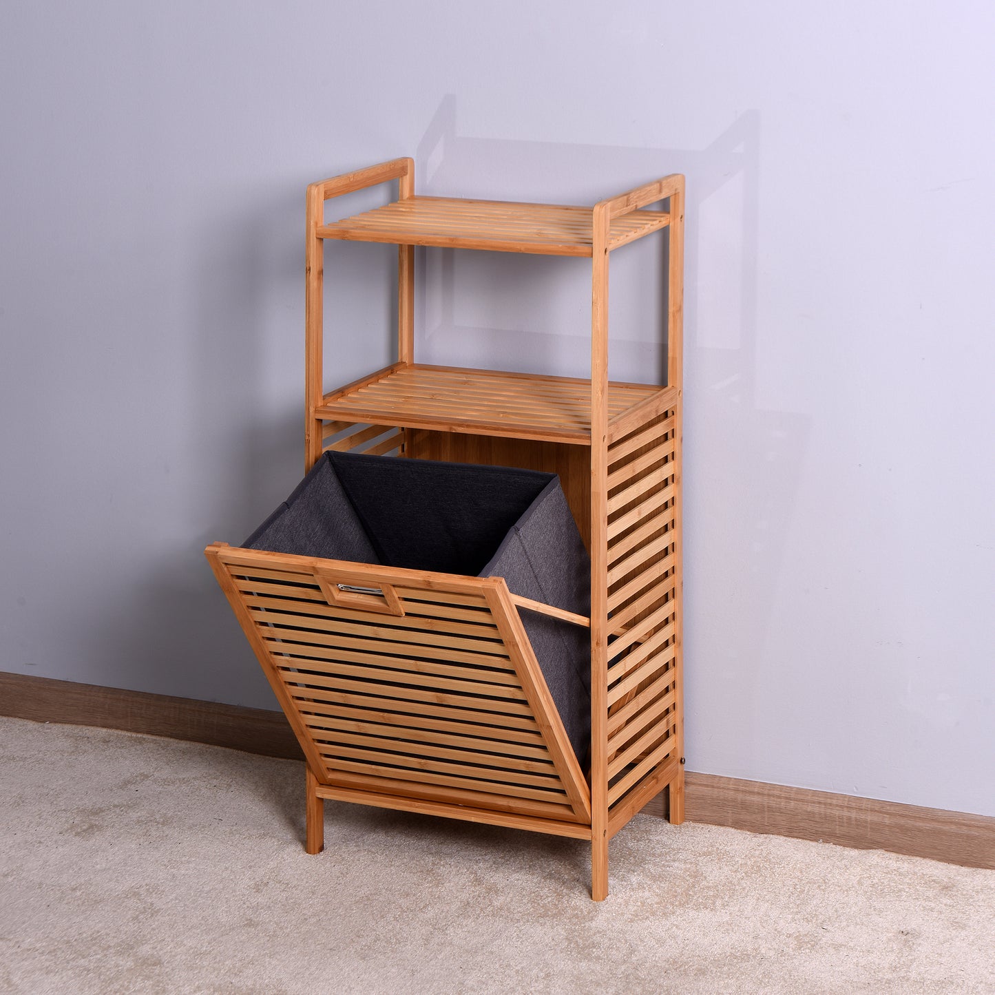 Natural Wooden Organizer  Bamboo Laundry Storage Basket with 2 Tier Shelf