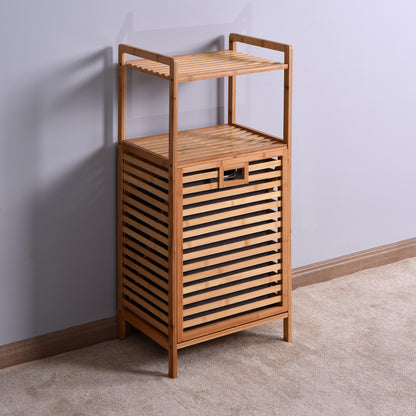 Natural Wooden Organizer  Bamboo Laundry Storage Basket with 2 Tier Shelf