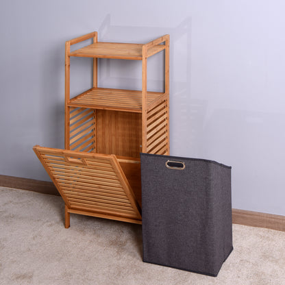 Natural Wooden Organizer  Bamboo Laundry Storage Basket with 2 Tier Shelf