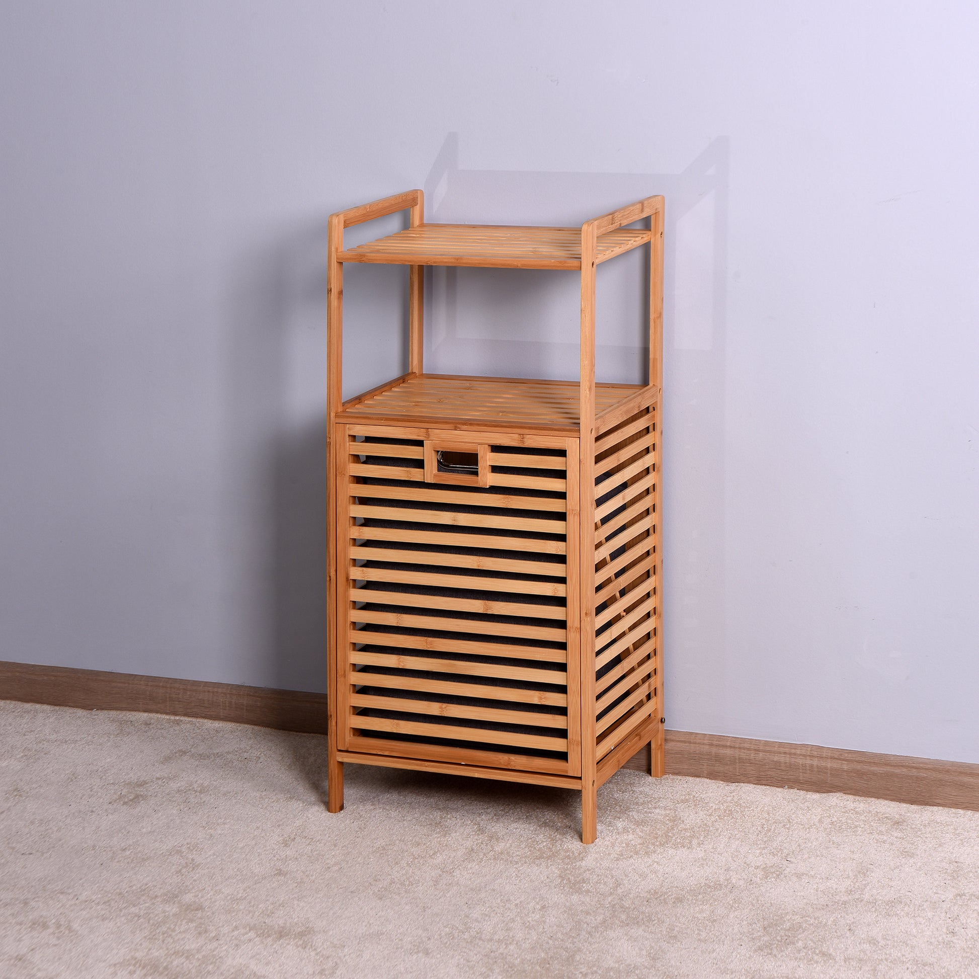 Natural Wooden Organizer  Bamboo Laundry Storage Basket with 2 Tier Shelf