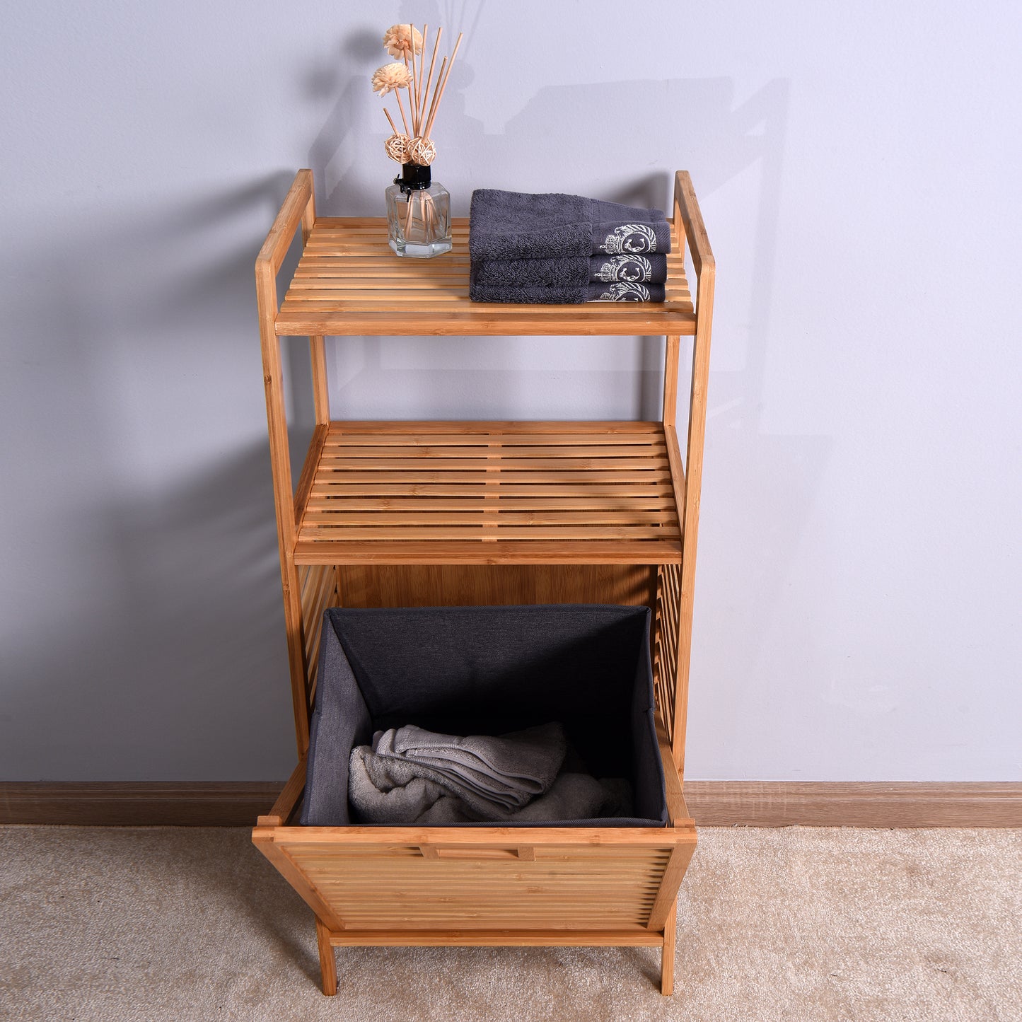 Natural Wooden Organizer  Bamboo Laundry Storage Basket with 2 Tier Shelf