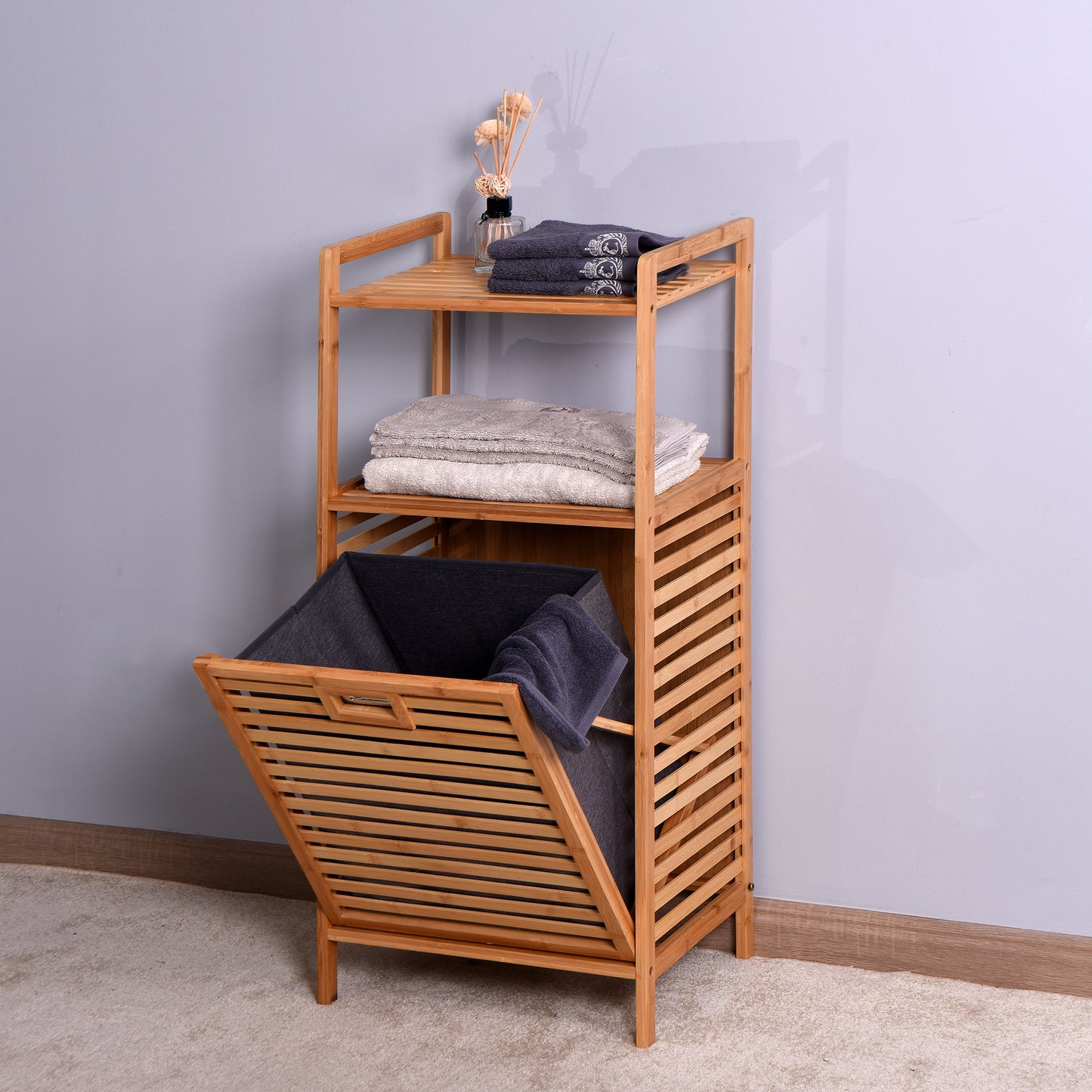 Natural Wooden Organizer  Bamboo Laundry Storage Basket with 2 Tier Shelf