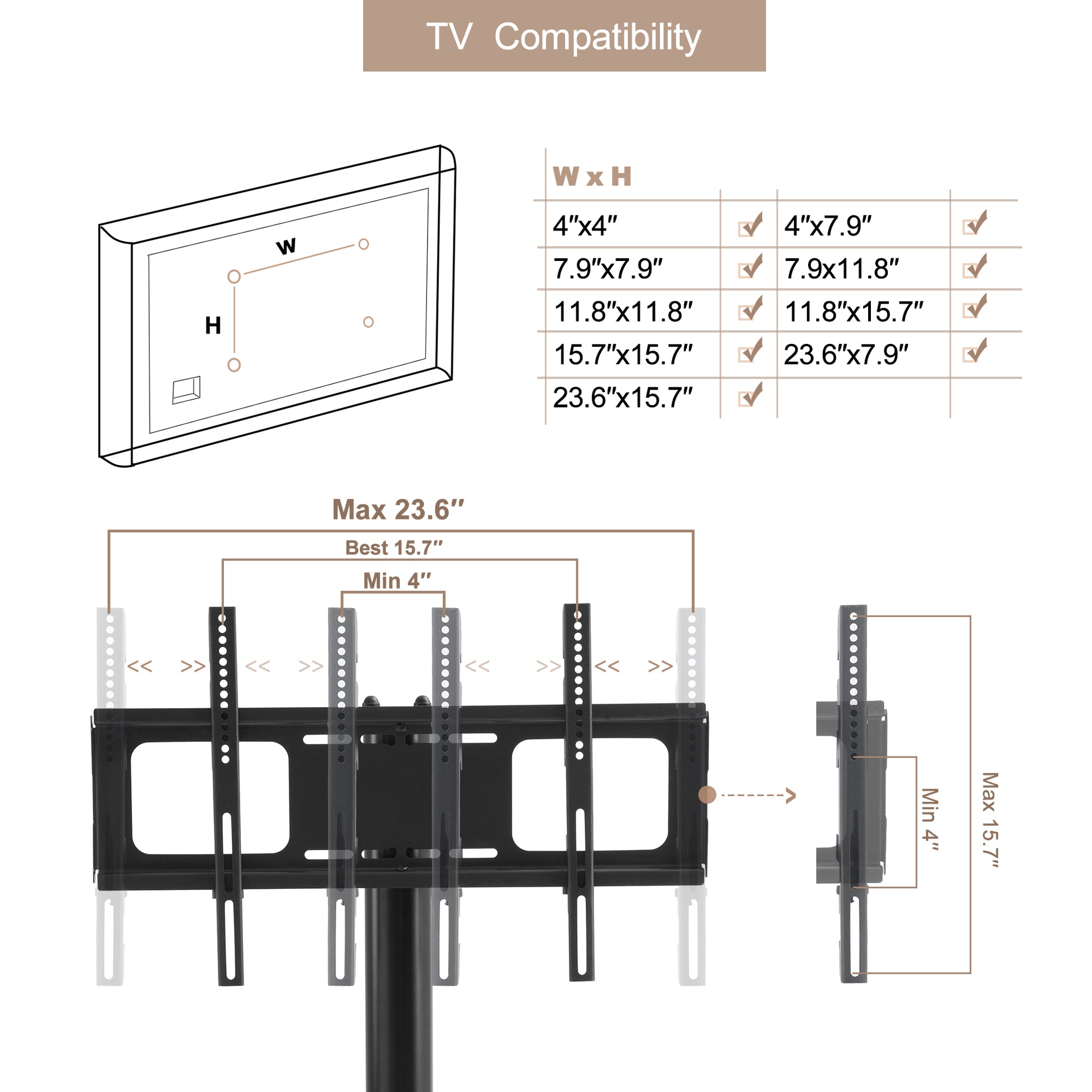 Height and Angle Adjustable Multi-Functional Tempered Glass TV Metal Frame- Black
