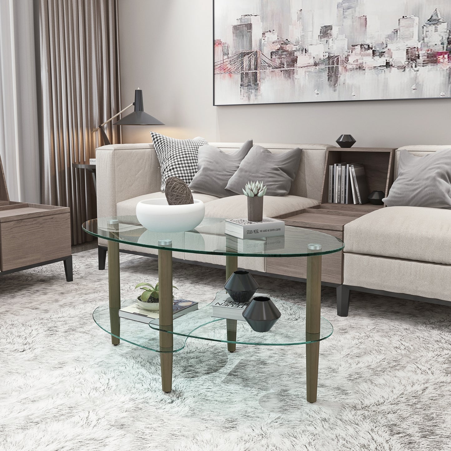 3 Layered Transparent Tempered Glass Oval Modern Coffee Table - Brown