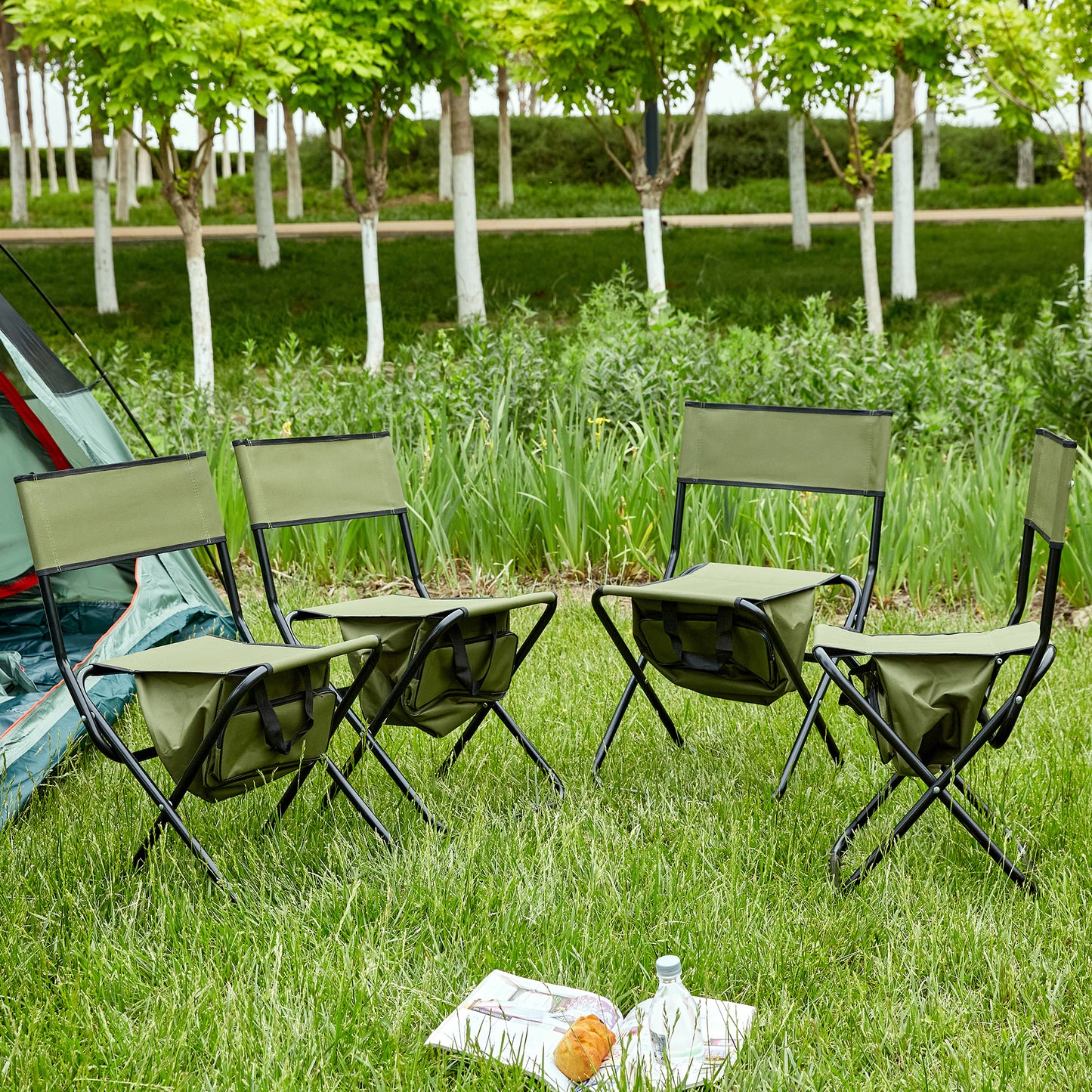 4 pcs Portable Outdoor Camping Fishing Picnic Chairs with Storage Bag- Green