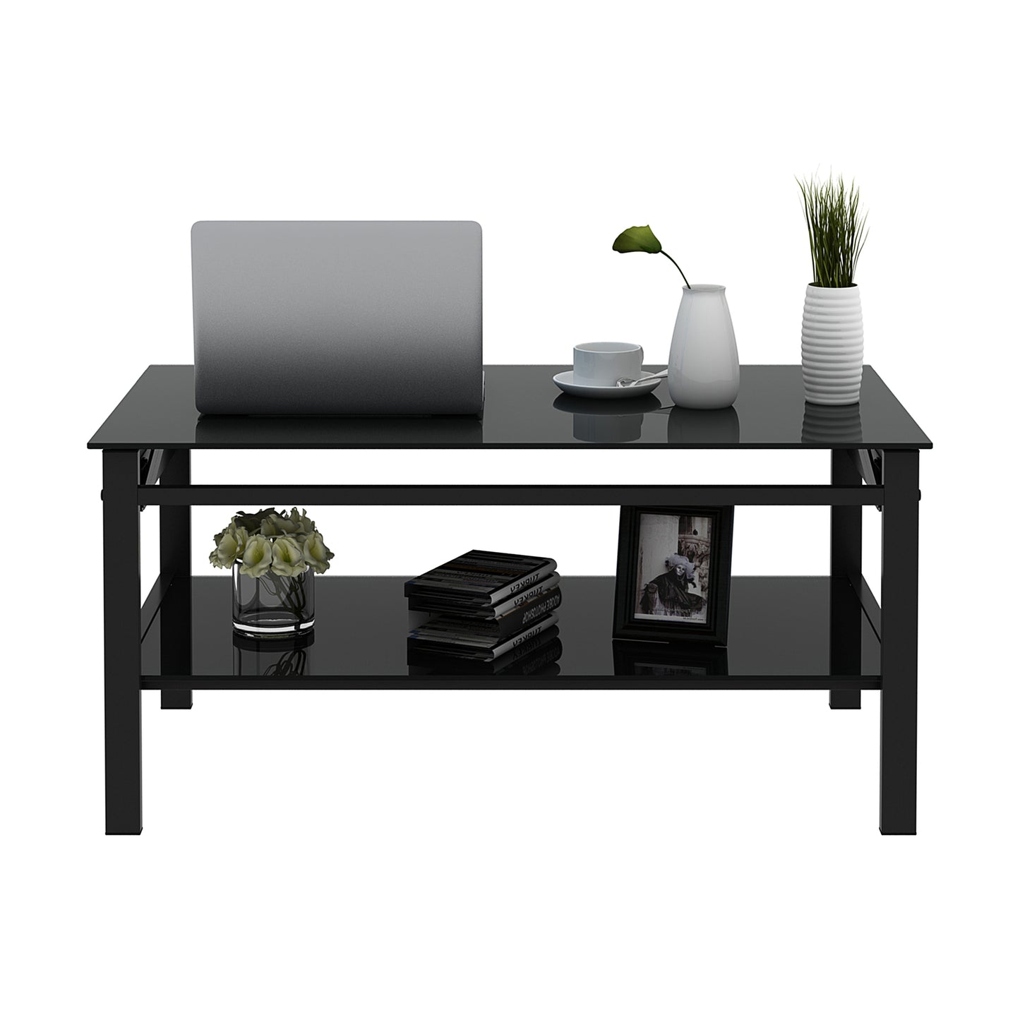 2 Layers Modern Designed Lifting Top Tempered Glass Coffee Table- Black