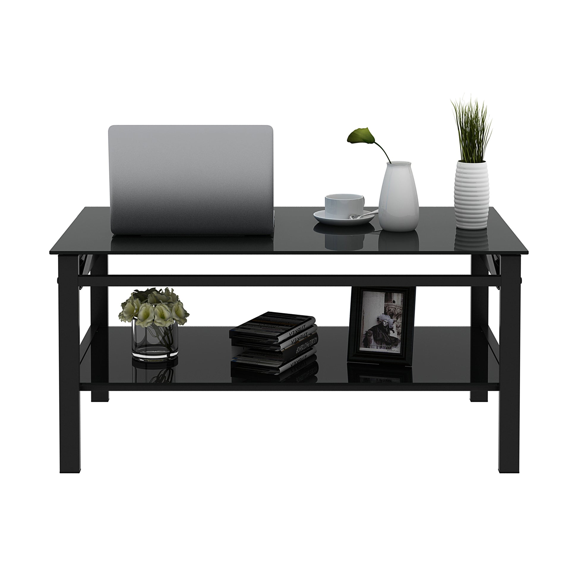 2 Layers Modern Designed Lifting Top Tempered Glass Coffee Table- Black