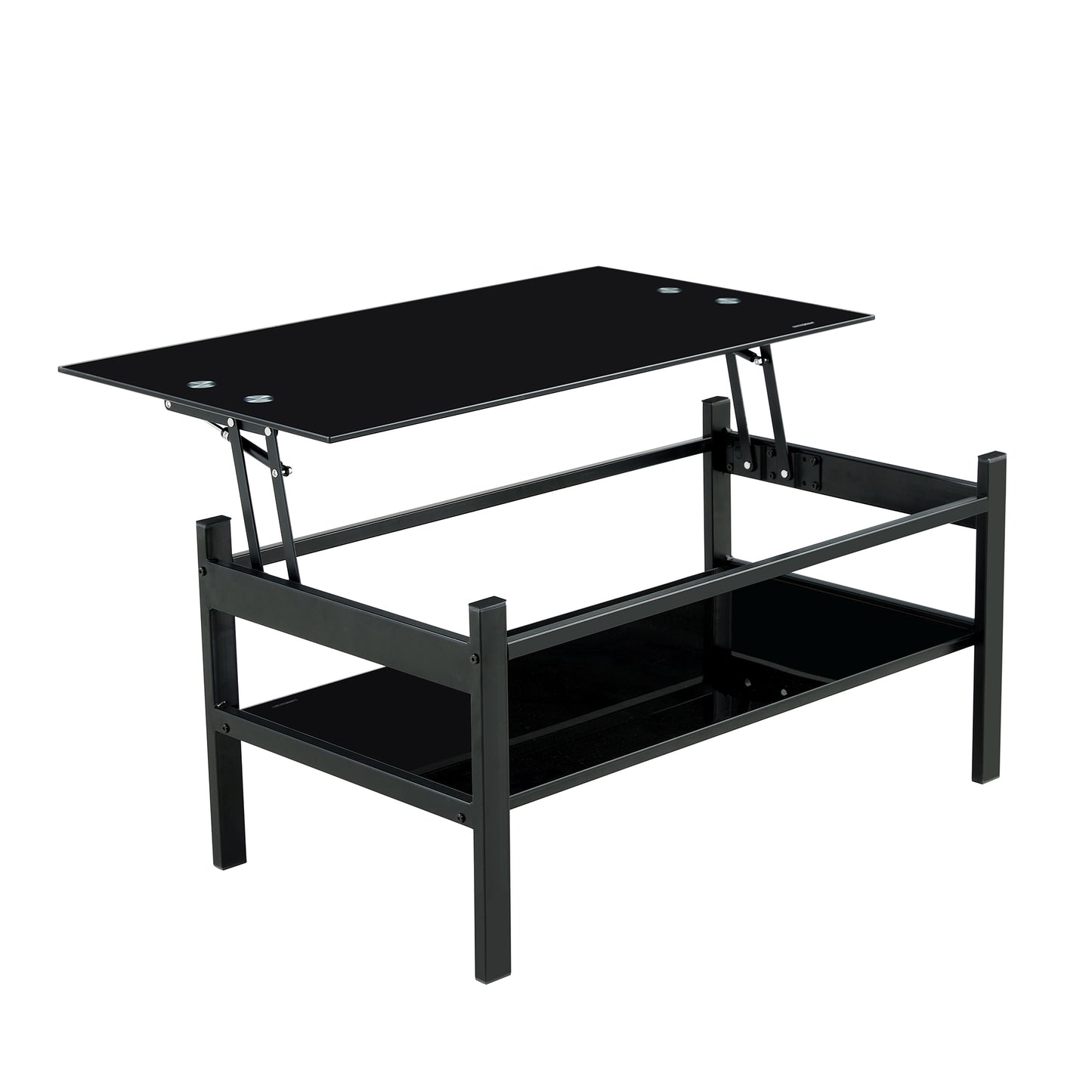 2 Layers Modern Designed Lifting Top Tempered Glass Coffee Table- Black
