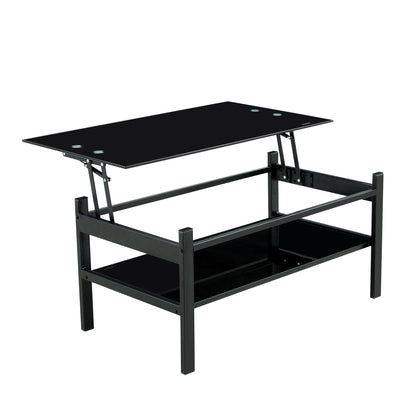 2 Layers Modern Designed Lifting Top Tempered Glass Coffee Table- Black