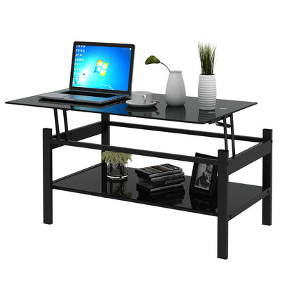 2 Layers Modern Designed Lifting Top Tempered Glass Coffee Table- Black