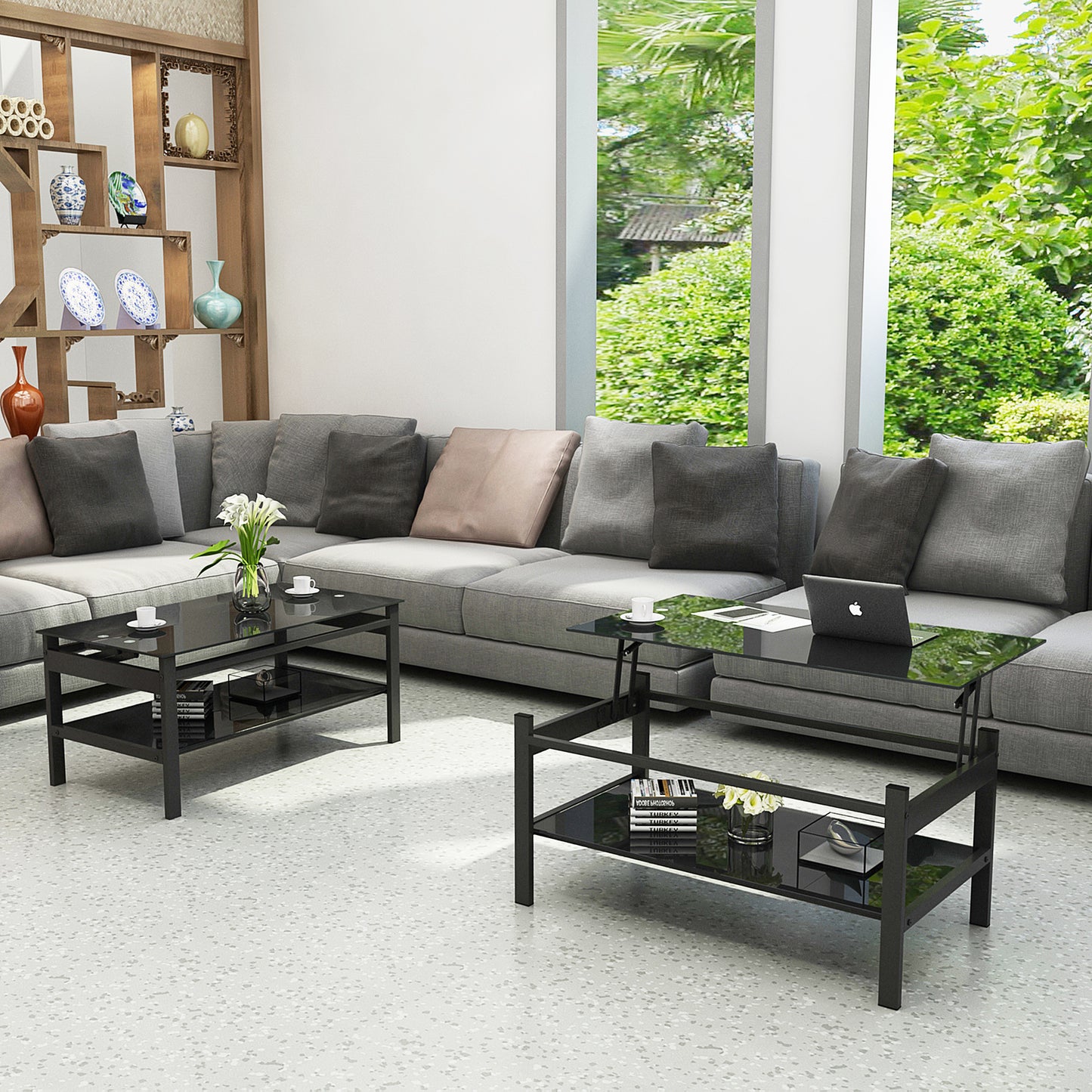 2 Layers Modern Designed Lifting Top Tempered Glass Coffee Table- Black