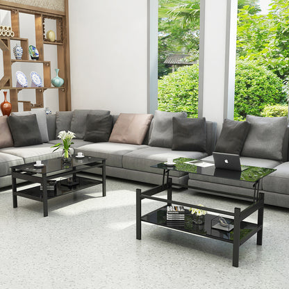 2 Layers Modern Designed Lifting Top Tempered Glass Coffee Table- Black