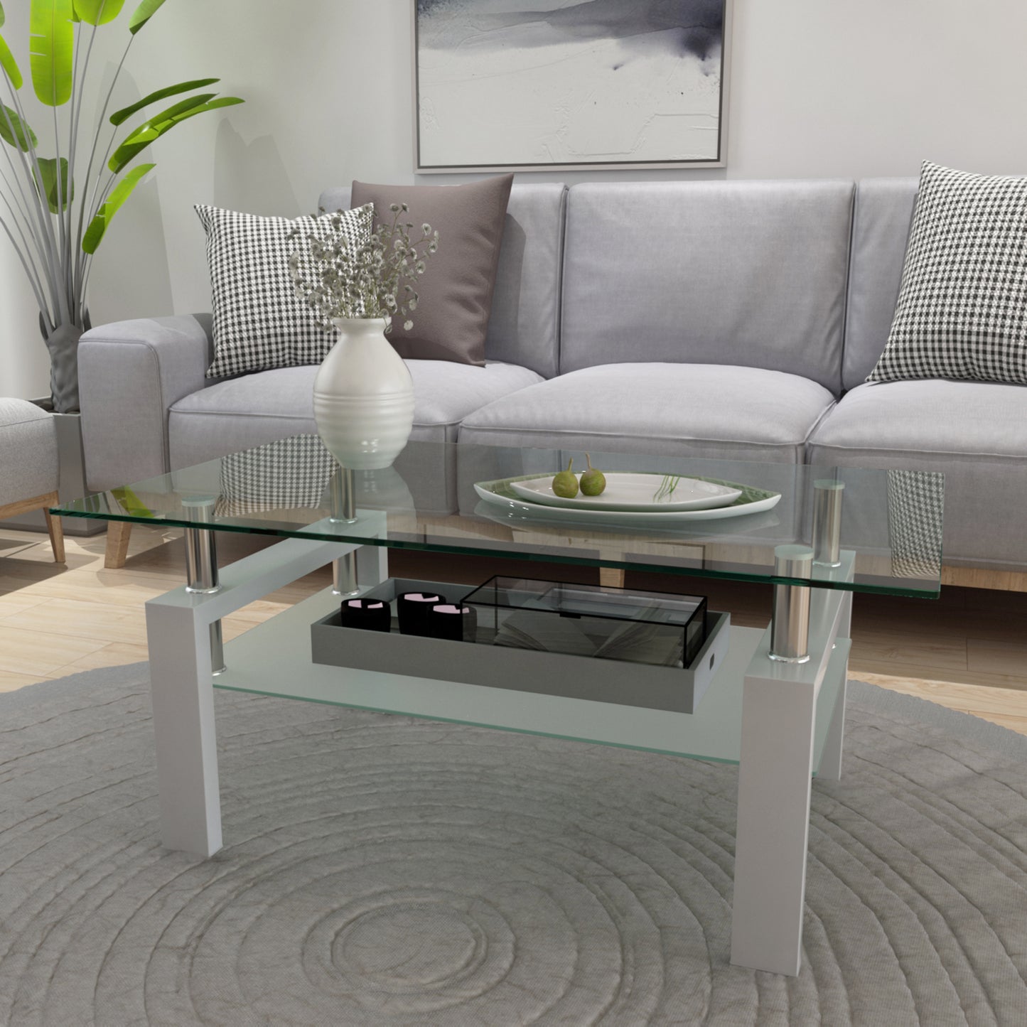 Rectangular Double Layer Tempered Glass Coffee Table with Metal Legs- Clear Glass+White