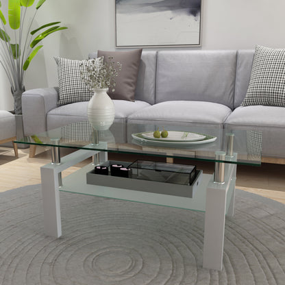 Rectangular Double Layer Tempered Glass Coffee Table with Metal Legs- Clear Glass+White