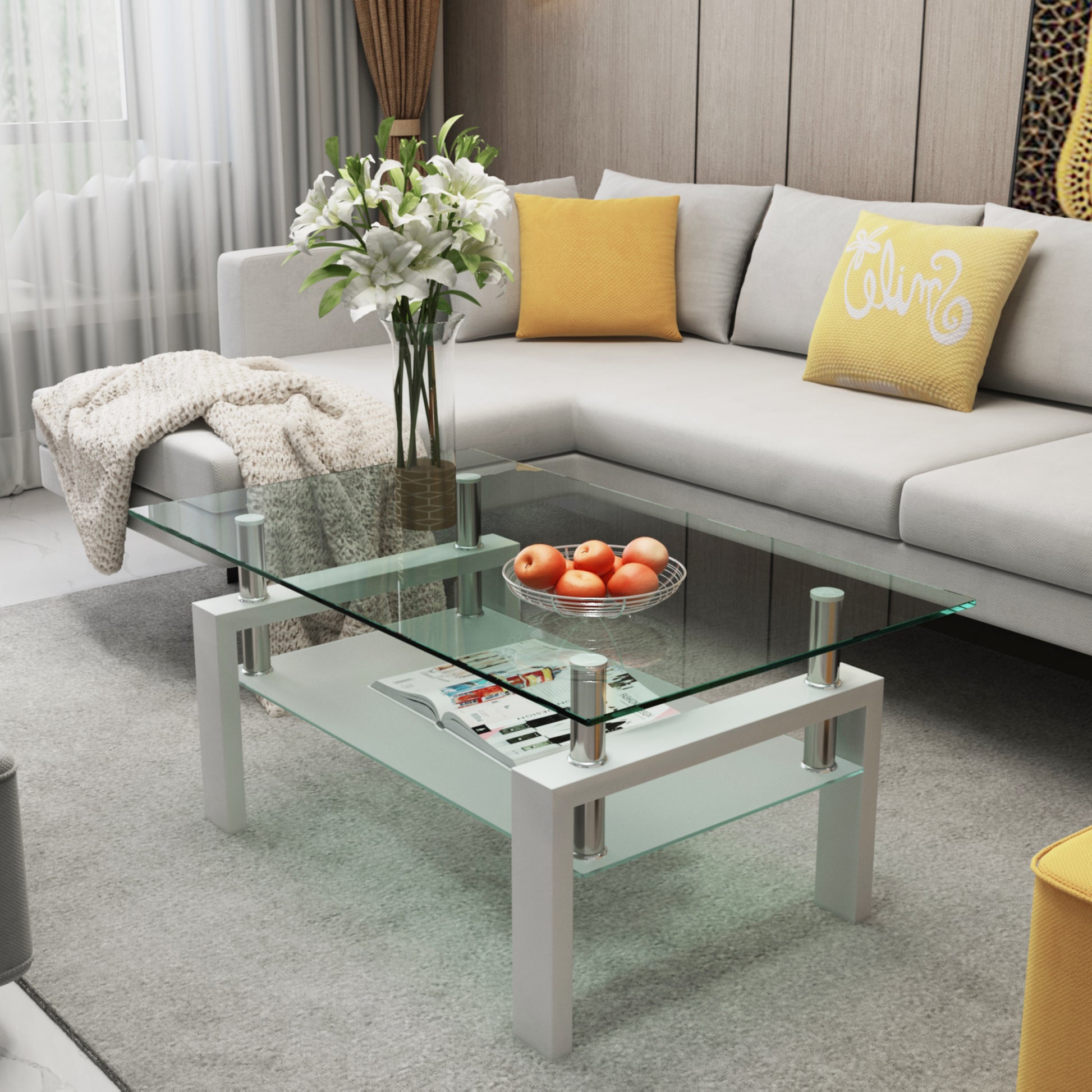 Rectangular Double Layer Tempered Glass Coffee Table with Metal Legs- Clear Glass+White