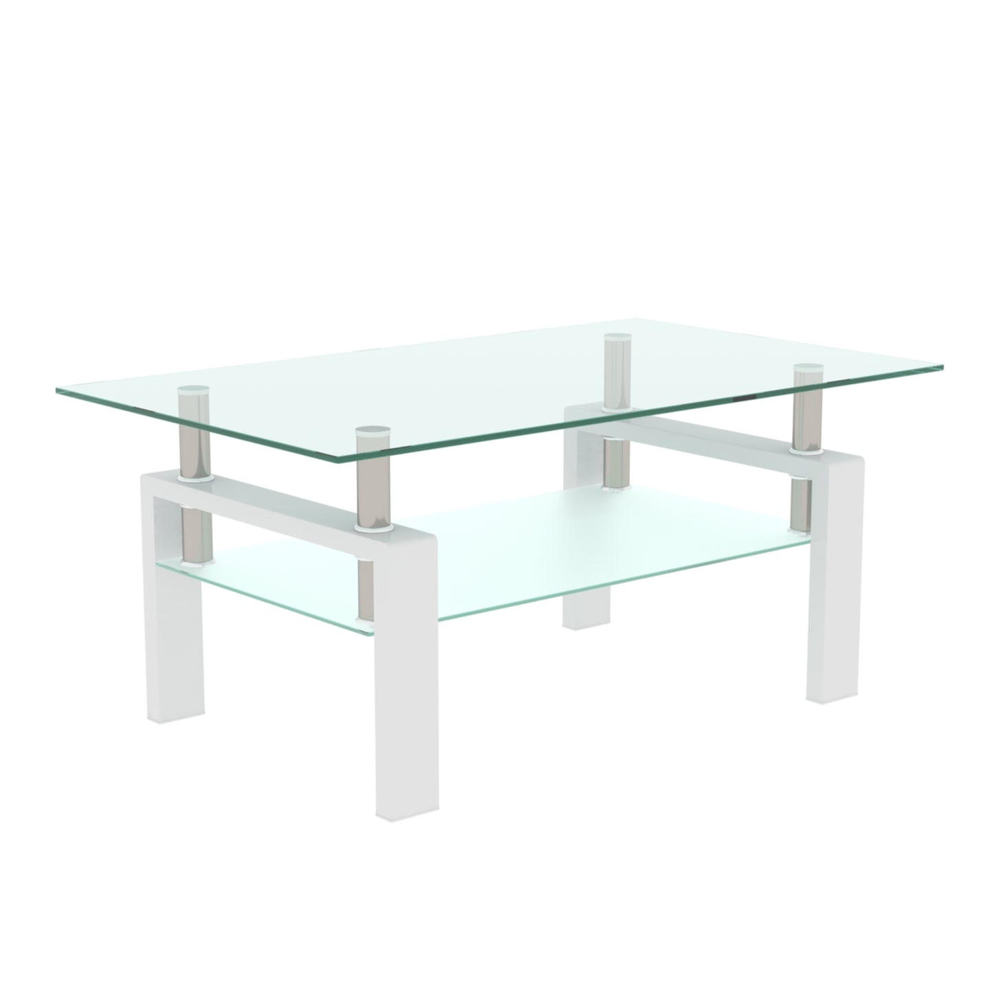 Rectangular Double Layer Tempered Glass Coffee Table with Metal Legs- Clear Glass+White