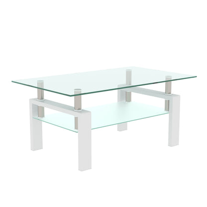 Rectangular Double Layer Tempered Glass Coffee Table with Metal Legs- Clear Glass+White