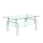 Rectangular Double Layer Tempered Glass Coffee Table with Metal Legs- Clear Glass+White