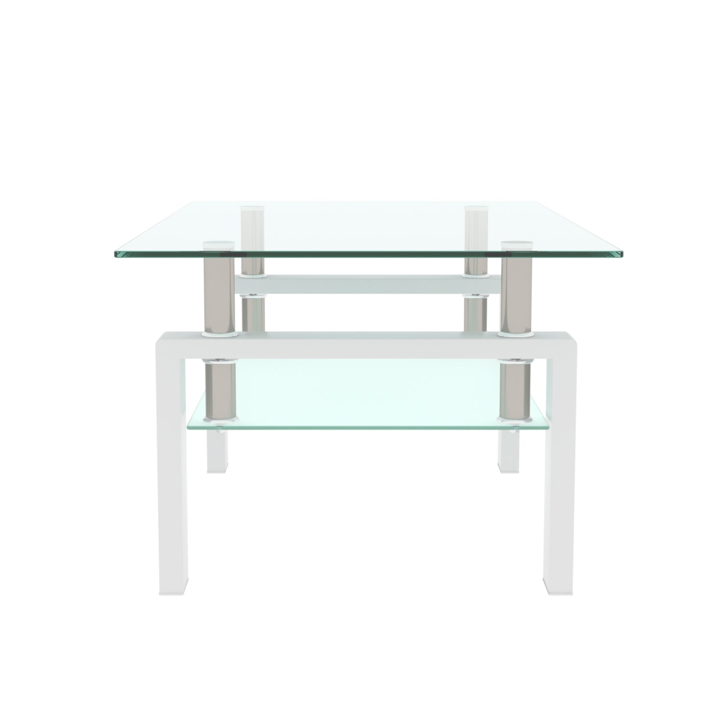 Rectangular Double Layer Tempered Glass Coffee Table with Metal Legs- Clear Glass+White