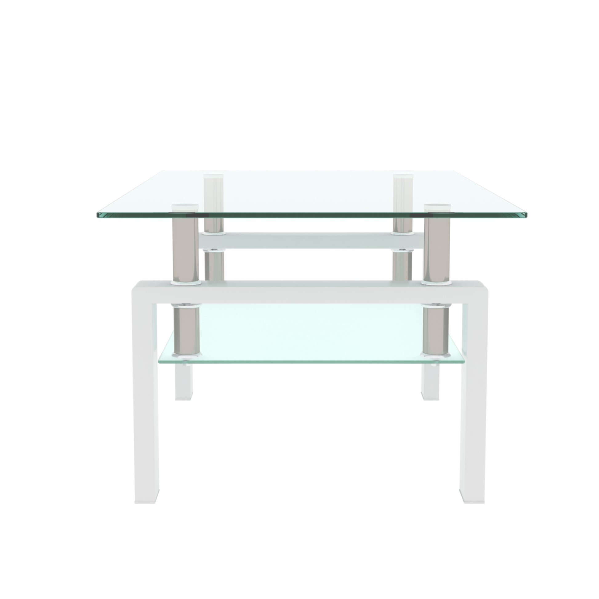 Rectangular Double Layer Tempered Glass Coffee Table with Metal Legs- Clear Glass+White