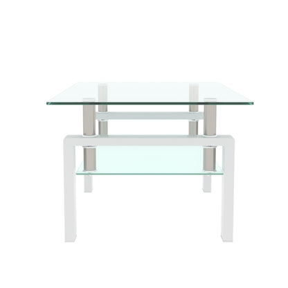 Rectangular Double Layer Tempered Glass Coffee Table with Metal Legs- Clear Glass+White