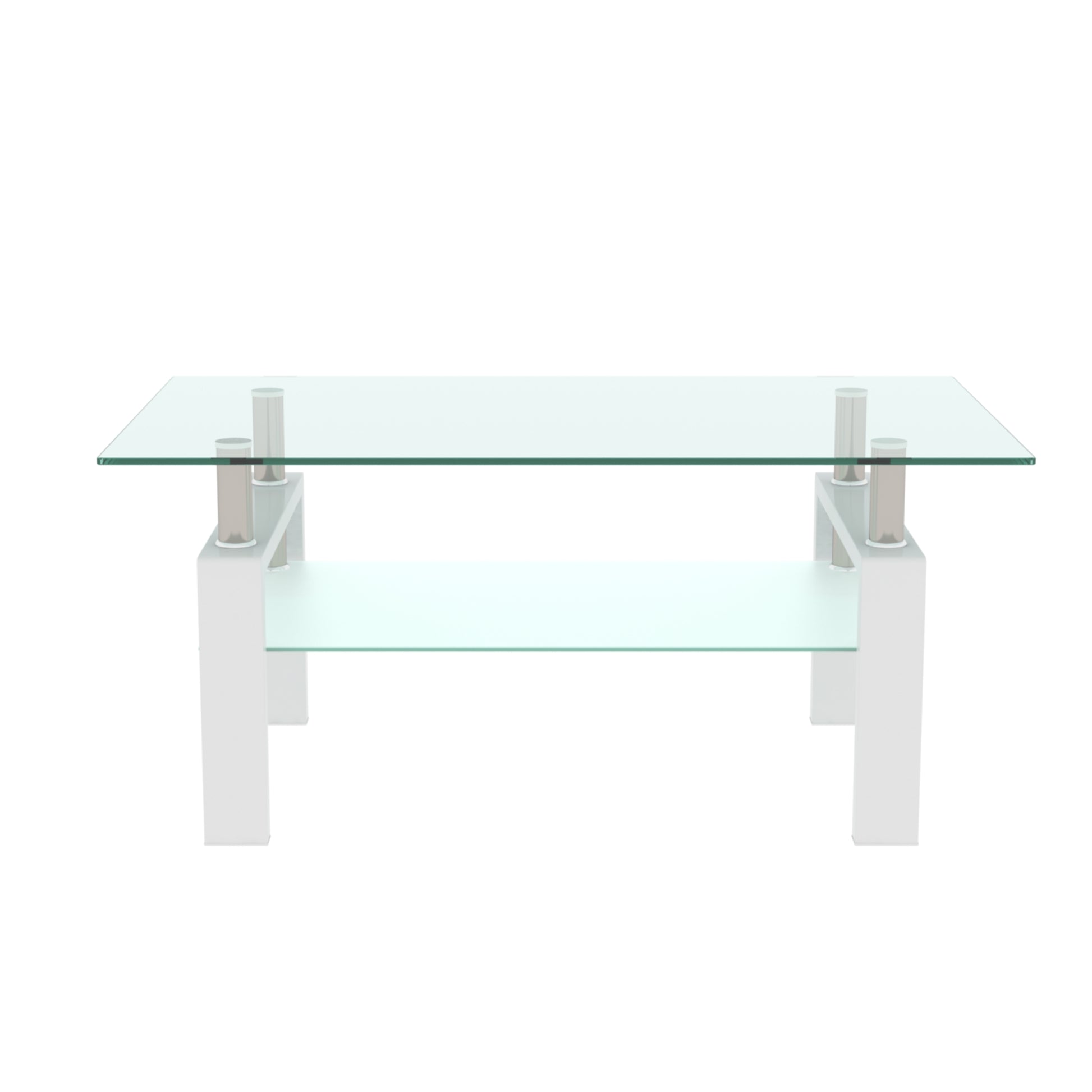 Rectangular Double Layer Tempered Glass Coffee Table with Metal Legs- Clear Glass+White