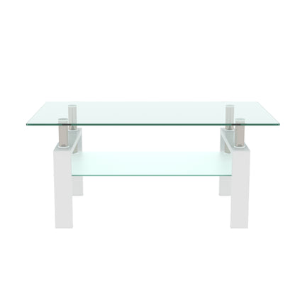 Rectangular Double Layer Tempered Glass Coffee Table with Metal Legs- Clear Glass+White