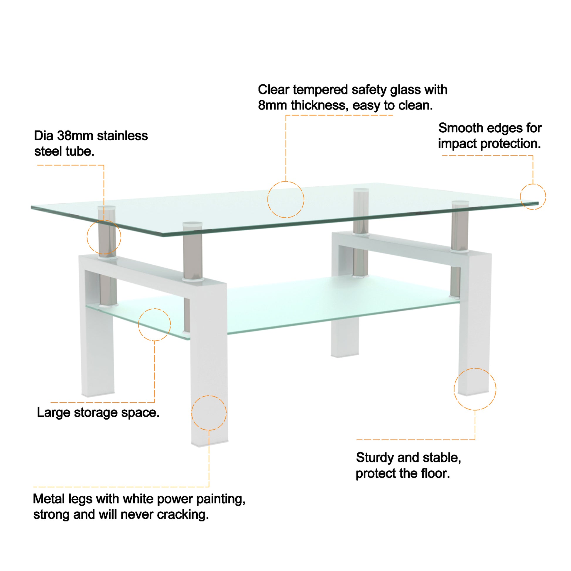 Rectangular Double Layer Tempered Glass Coffee Table with Metal Legs- Clear Glass+White