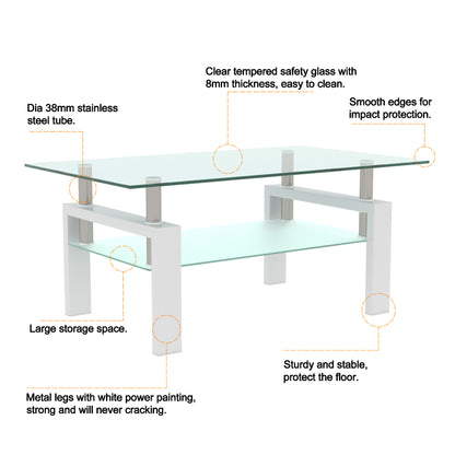 Rectangular Double Layer Tempered Glass Coffee Table with Metal Legs- Clear Glass+White