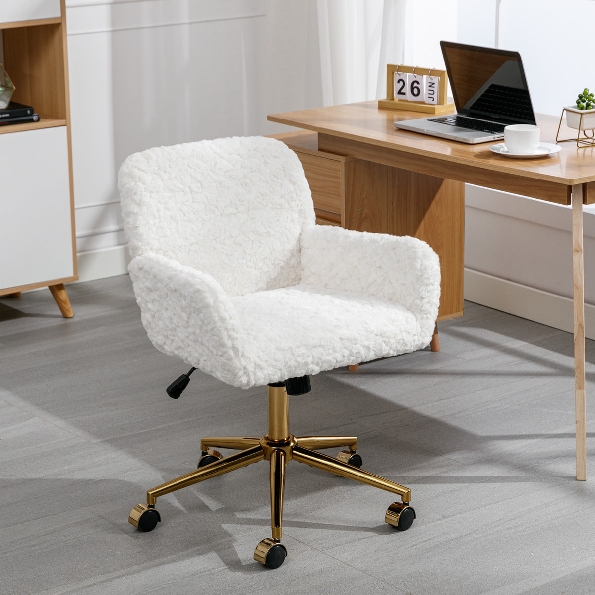 Modern Contemporary Height Adjustable Office Swivel Chair with Gold Legs- White