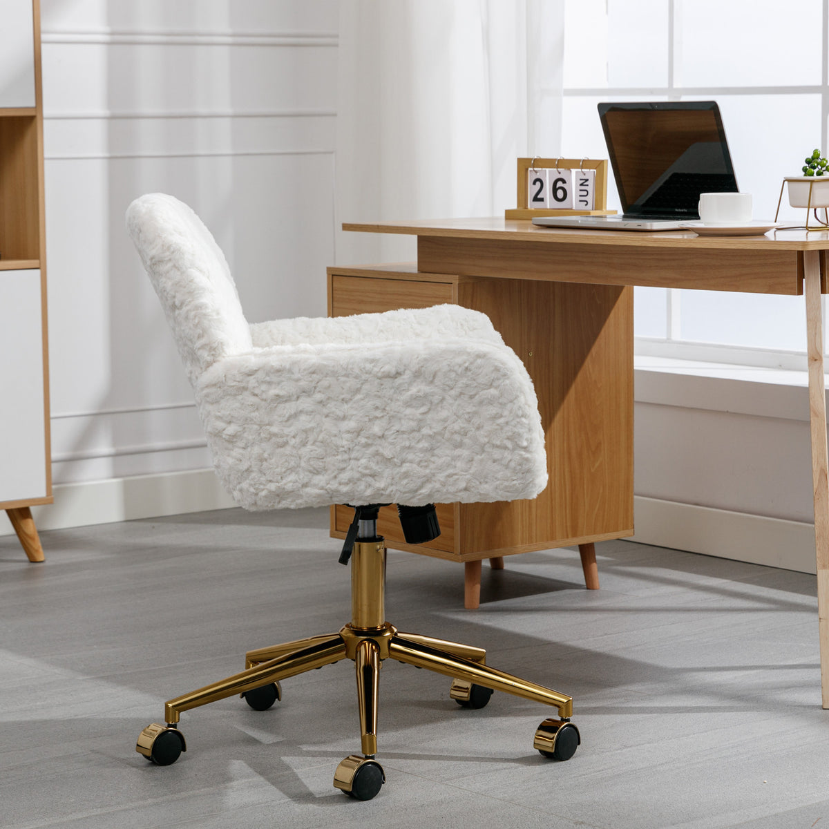 Modern Contemporary Height Adjustable Office Swivel Chair with Gold Legs- White
