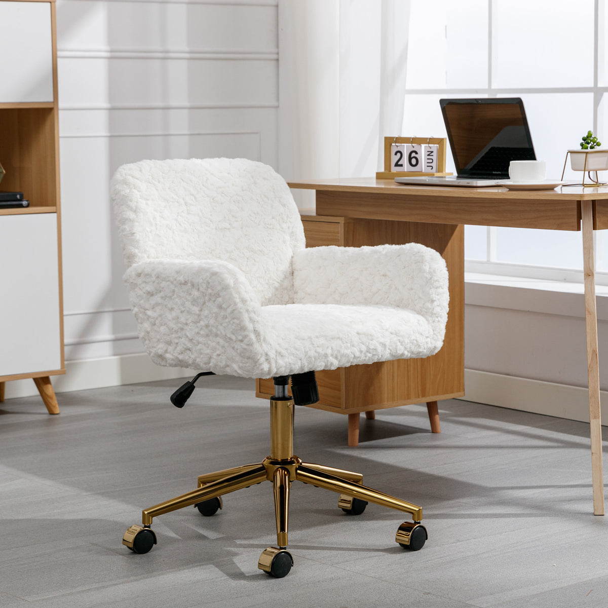 Modern Contemporary Height Adjustable Office Swivel Chair with Gold Legs- White