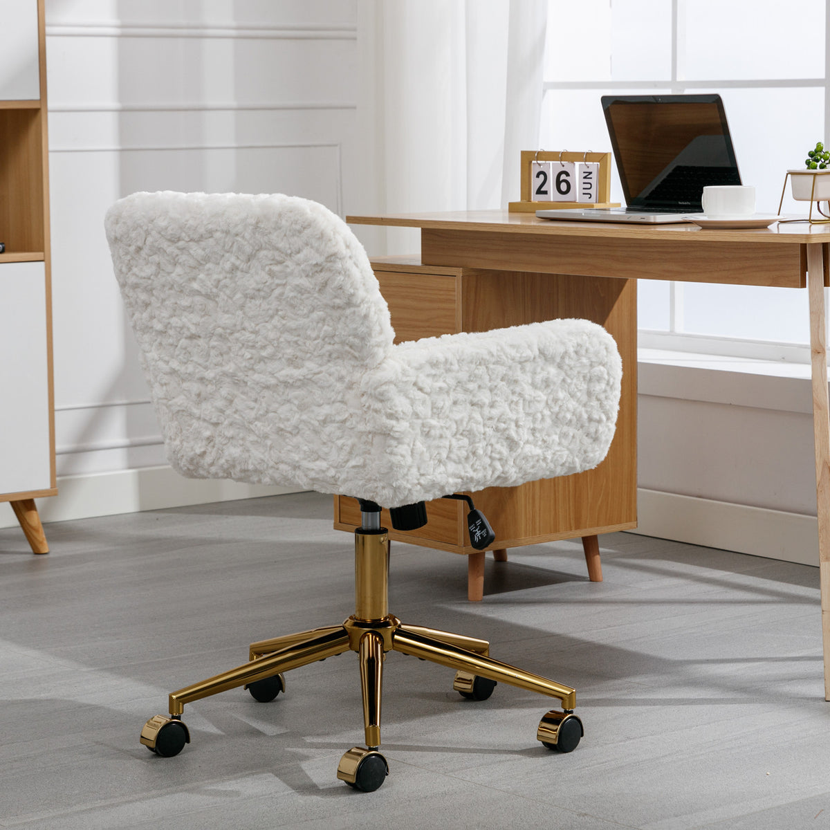 Modern Contemporary Height Adjustable Office Swivel Chair with Gold Legs- White