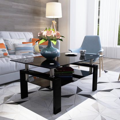 Rectangular Double Layer Tempered Glass Coffee Table with Metal Legs- Black Glass+Black