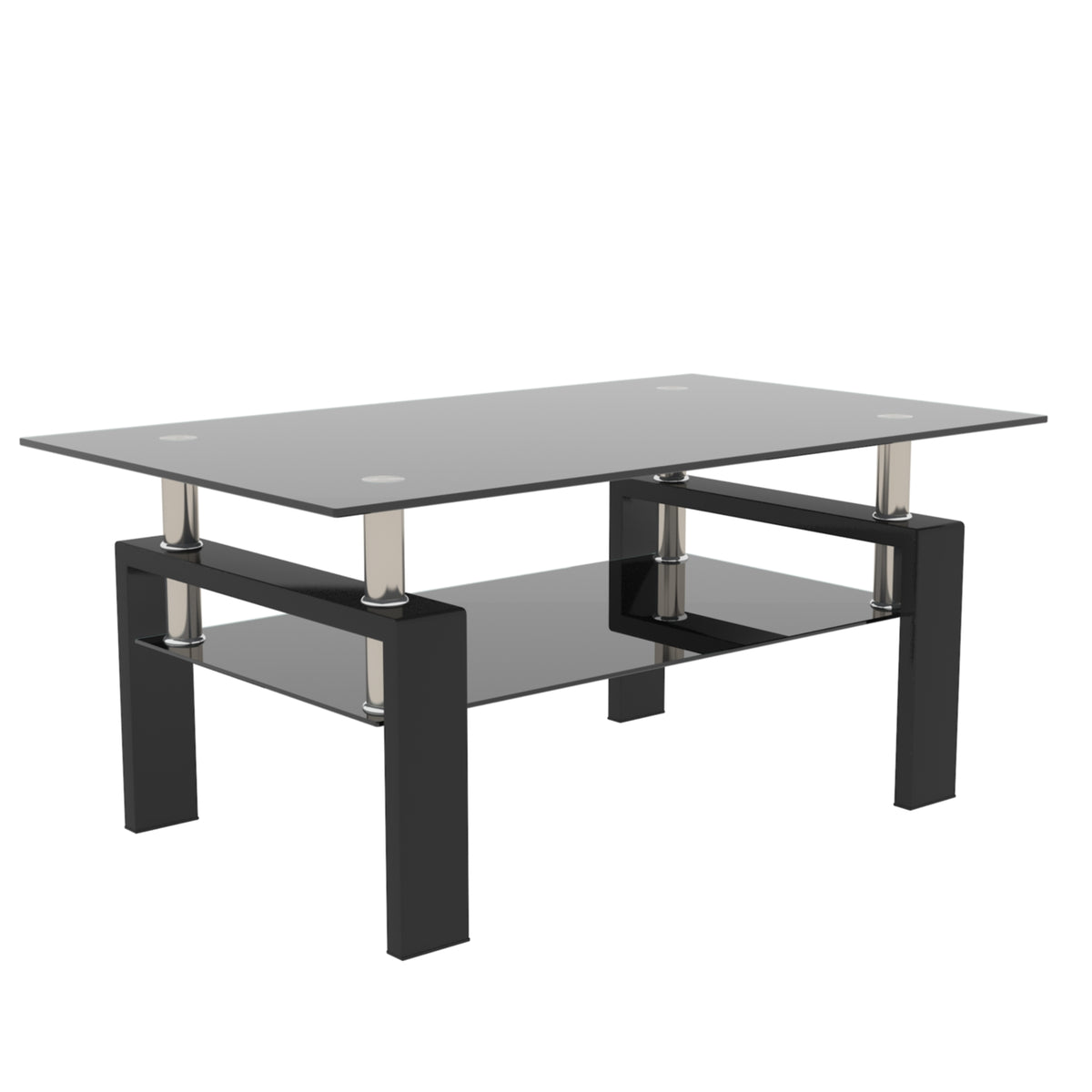 Rectangular Double Layer Tempered Glass Coffee Table with Metal Legs- Black Glass+Black