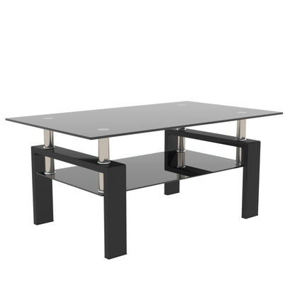 Rectangular Double Layer Tempered Glass Coffee Table with Metal Legs- Black Glass+Black