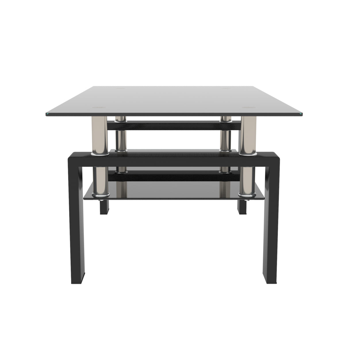 Rectangular Double Layer Tempered Glass Coffee Table with Metal Legs- Black Glass+Black