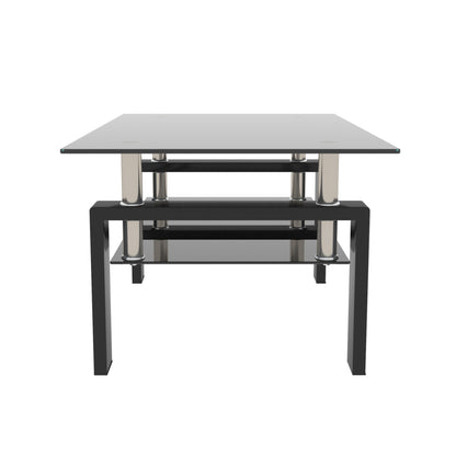 Rectangular Double Layer Tempered Glass Coffee Table with Metal Legs- Black Glass+Black