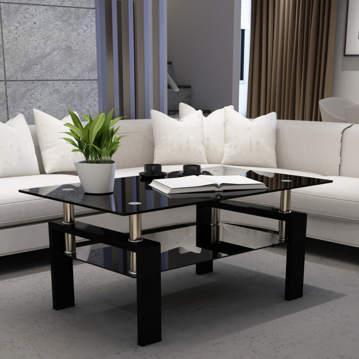 Rectangular Double Layer Tempered Glass Coffee Table with Metal Legs- Black Glass+Black