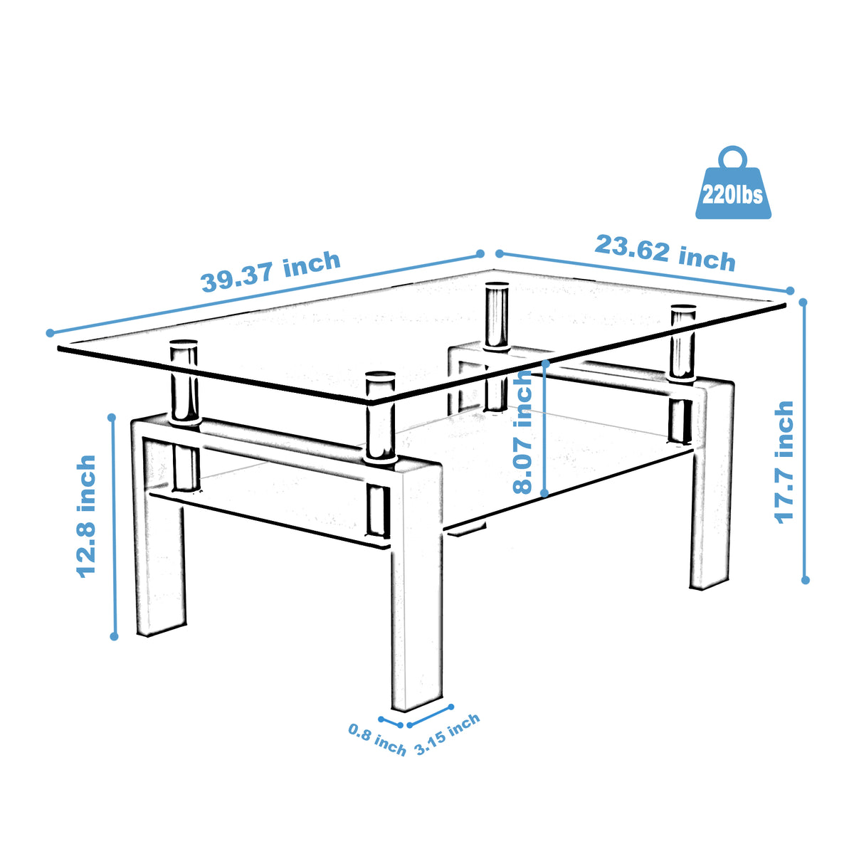 Rectangular Double Layer Tempered Glass Coffee Table with Metal Legs- Black Glass+Black
