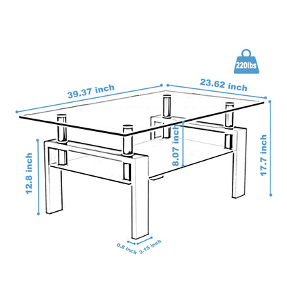 Rectangular Double Layer Tempered Glass Coffee Table with Metal Legs- Black Glass+Black
