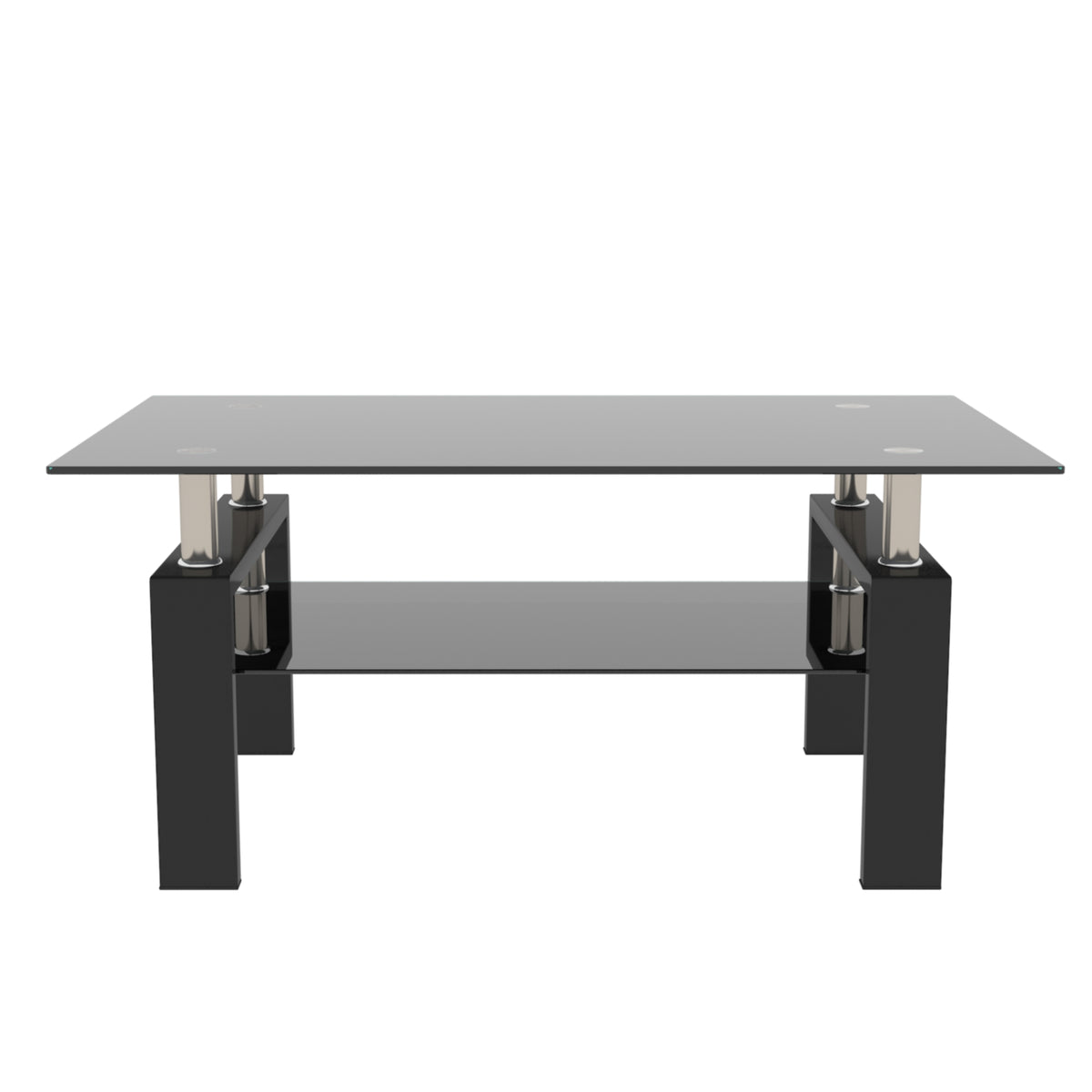 Rectangular Double Layer Tempered Glass Coffee Table with Metal Legs- Black Glass+Black