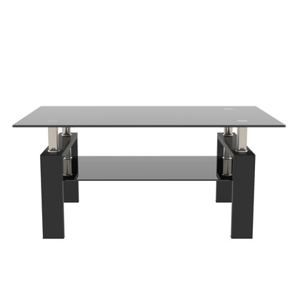 Rectangular Double Layer Tempered Glass Coffee Table with Metal Legs- Black Glass+Black