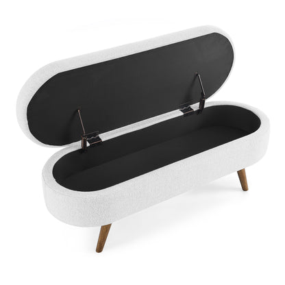 Oval Shaped Ottoman Linen Storage Bench with Wooden Legs- White