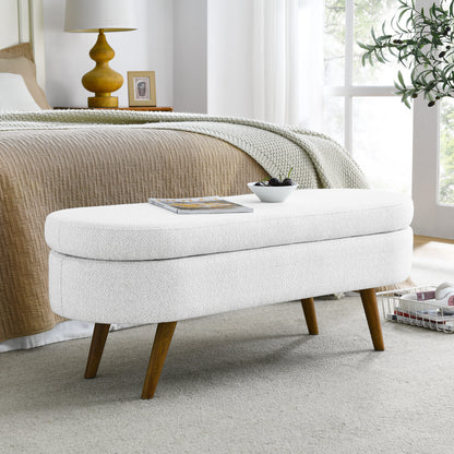 Oval Shaped Ottoman Linen Storage Bench with Wooden Legs- White