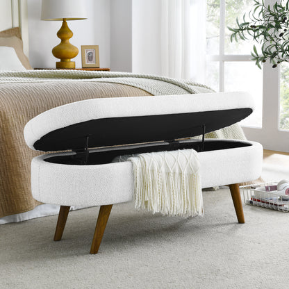 Oval Shaped Ottoman Linen Storage Bench with Wooden Legs- White