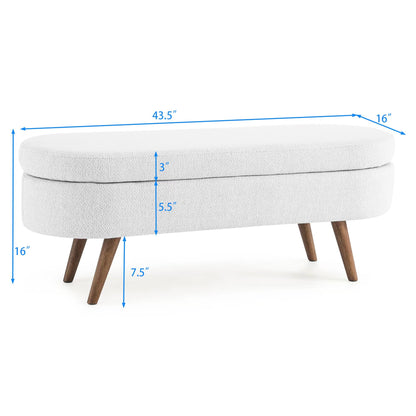 Oval Shaped Ottoman Linen Storage Bench with Wooden Legs- White